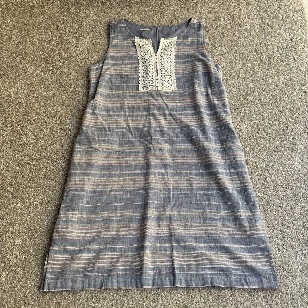 Talbots Dress Womens 16 Blue Striped Sleeveless Embroidered Shift Knee Length